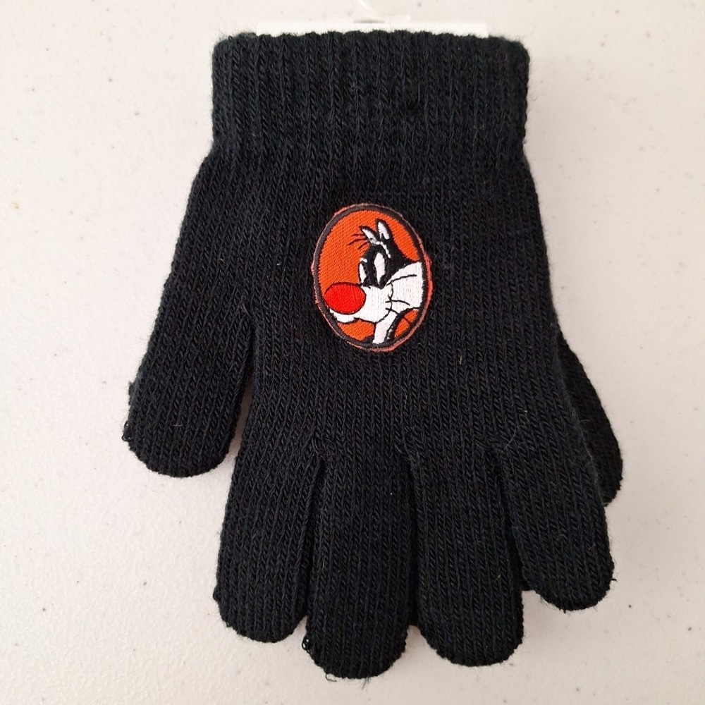 Vintage Sylvester Looney Tunes Knit Gloves Embroidered Black One Size NEW